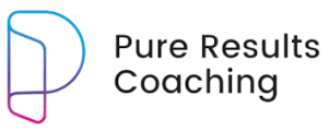 Logo for Pure Results Coaching featuring a stylized "P" outline in gradient blue and pink next to the company name in black sans-serif font.