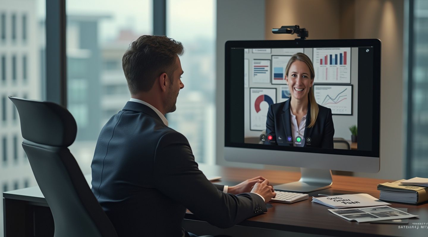 A man in a suit participates in a video conference call with a real estate business coach, as a woman is displayed on a large computer screen with graphs and documents visible in the background.