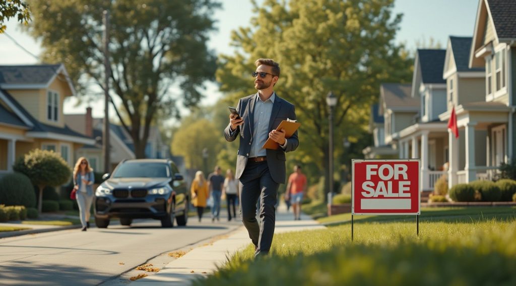 A realtor in a suit, embodying both expertise and the insight of a real estate business coach, walks by a "For Sale" sign on a suburban street. Equipped with a phone and documents, they navigate confidently through the neighborhood backdrop of houses and bustling people.