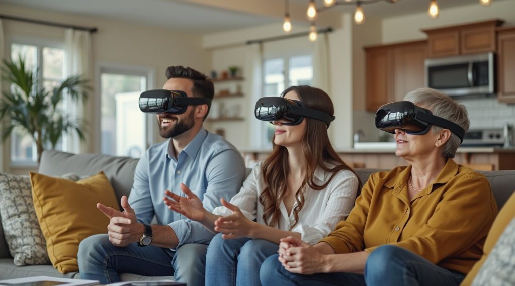 Three people sit on a couch wearing virtual reality headsets, exploring immersive experiences. The room exudes a cozy, modern ambiance, akin to a stylish retreat for a real estate business coach to inspire creativity and growth.