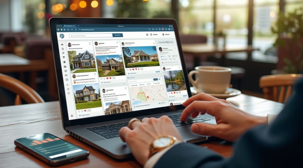 A person sits in a cafe, using their laptop to browse real estate listings while consulting their smartphone displaying a bar graph. With the guidance of a real estate business coach, they're honing their skills to master the market dynamics.