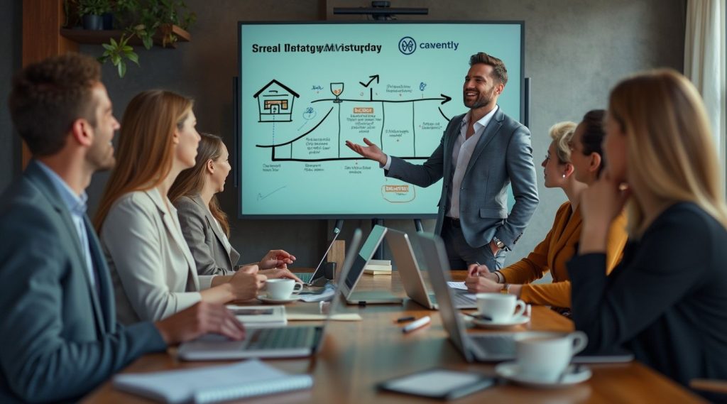 A real estate business coach presents a strategic plan on the screen to a group of six people seated at a table with laptops and notebooks.