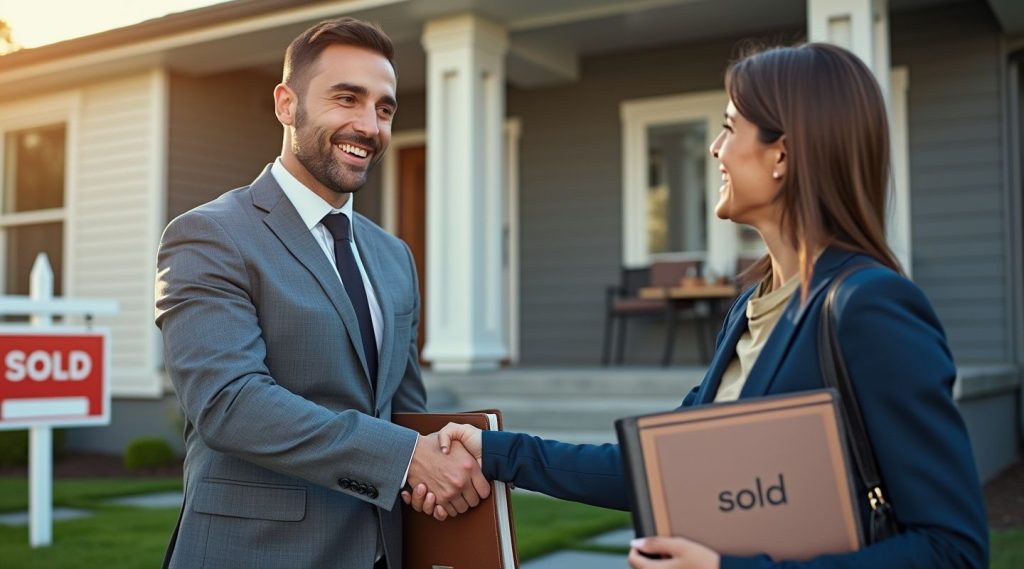 Two people in business attire shake hands in front of a house with a "sold" sign, embodying the successful strategies shared by their real estate business coach. Both hold folders labeled "sold," marking a triumph in their professional journey.