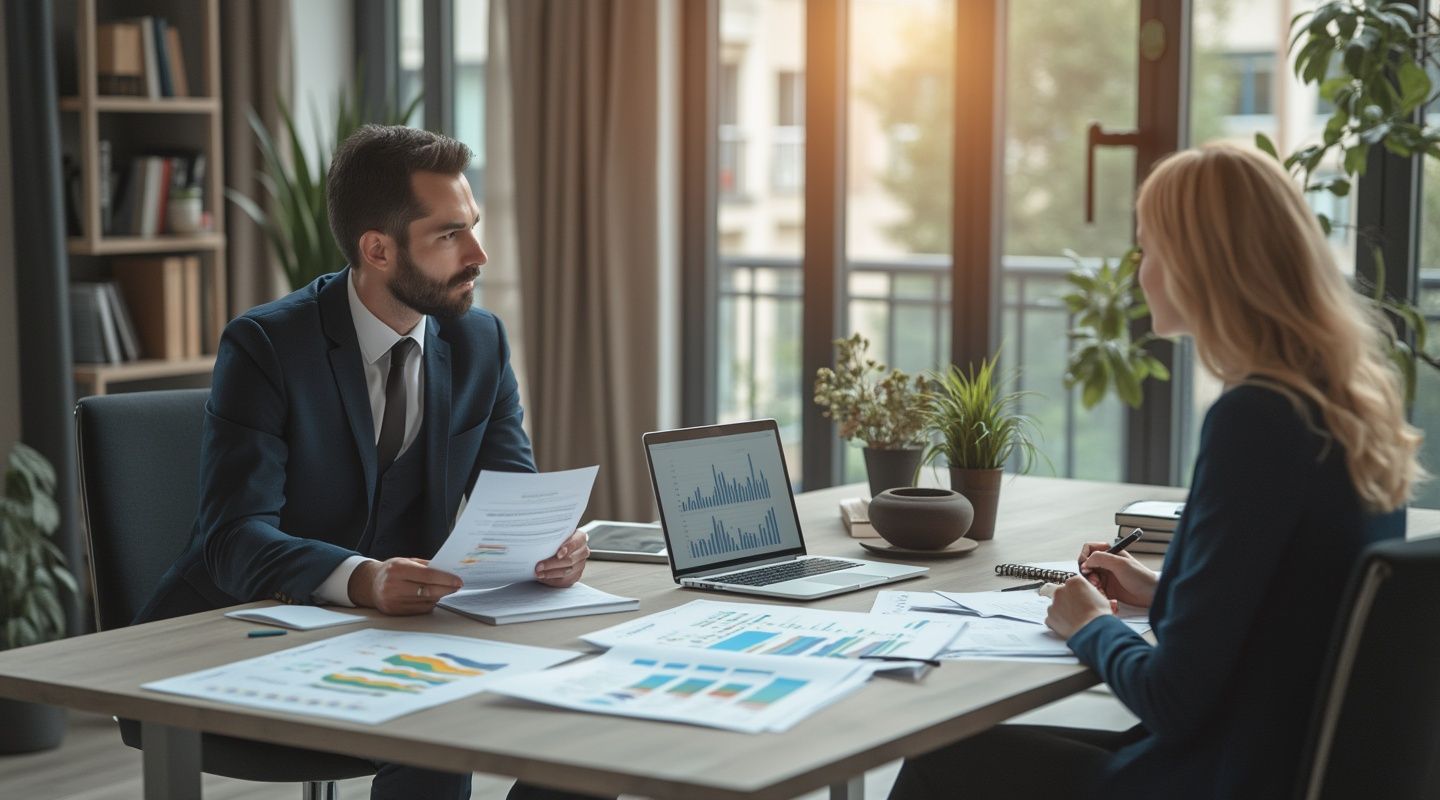 Two professionals and a business coach in a meeting room discuss documents and charts on the table. A laptop displays graphs, highlighting recruitment strategies. Large windows bring in natural light.