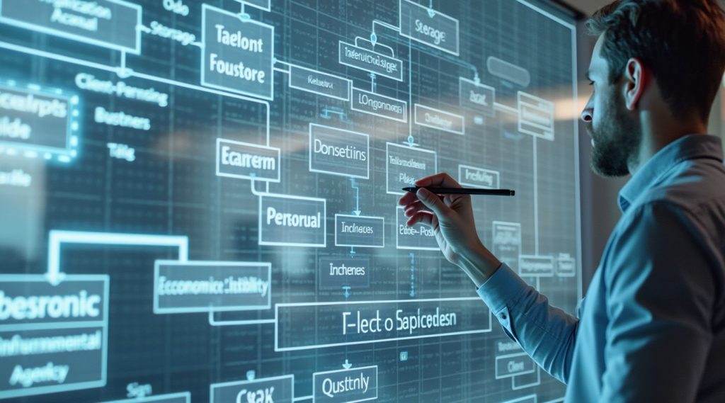 A recruitment business coach diligently writes with a stylus on a digital board, carefully navigating a complex network of interconnected terms and boxes.