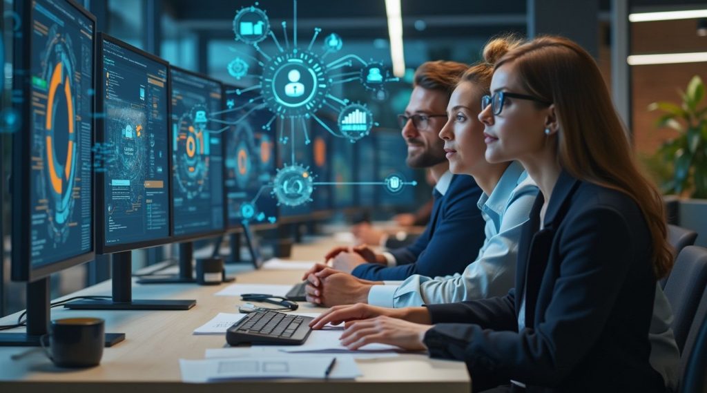 In a modern office, a recruitment team collaborates with business coaches, analyzing holographic data displays on their computers to drive success.