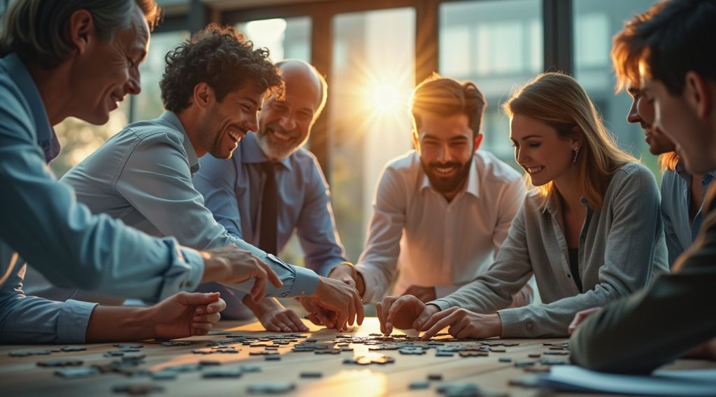 A group of people, guided by a business coach, is smiling and working together to assemble a puzzle on a table in a sunlit room, fostering teamwork and collaboration reminiscent of an innovative recruitment strategy.