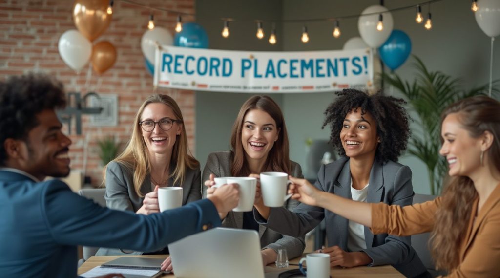 A group of five people in business attire, seated at a table, toast with coffee mugs. A banner reading "RECORD PLACEMENTS!" hangs in the background as their recruitment coach beams proudly. Balloons add a festive touch.