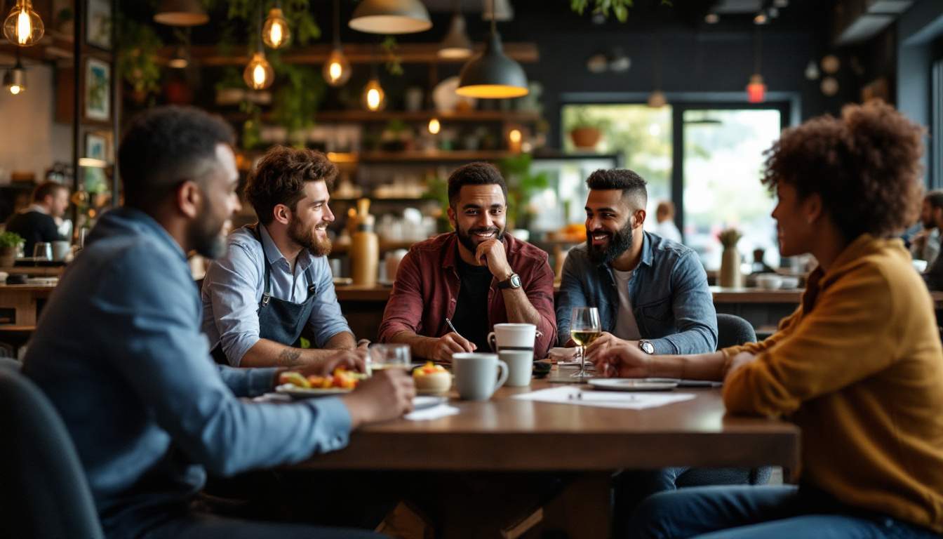 Five people sitting at a table in a cafe, engaged in conversation, with food and drinks in front of them.