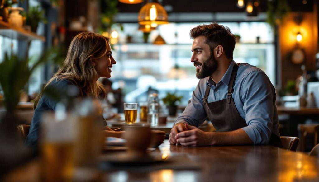 Two people sitting at a cafe table, engaged in conversation. The setting is cozy with warm lighting and plants around.