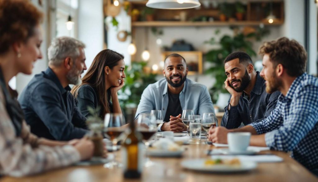 A group of people sit around a table in a restaurant, talking and smiling. There are drinks and plates of food on the table. The setting is bright and decorated with plants.