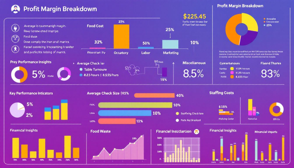 Infographic displaying profit margin breakdown with charts on food cost, occupancy, labor, marketing, and miscellaneous expenses. Includes insights on prey performance, staffing costs, and financial indicators.