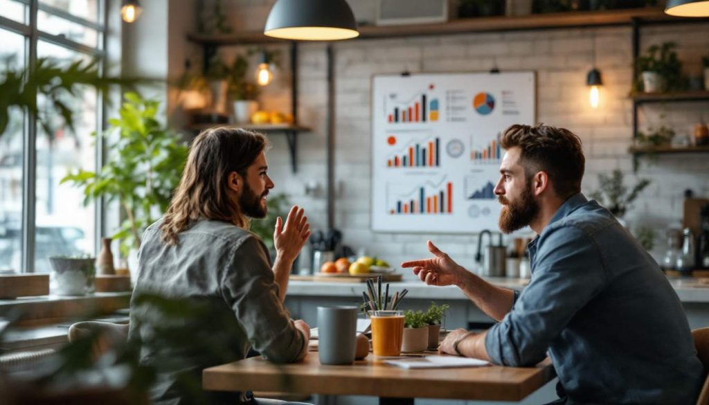 Two men with beards sitting at a table in a cafe, engaged in conversation. A chart with graphs is visible on the wall in the background, surrounded by plants.