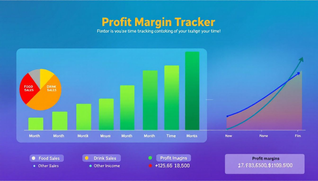 Graphical dashboard titled "Profit Margin Tracker" displaying grouped bar and line charts with categories: Food, Drink, Other Sales, and Time. Profit margins are highlighted in growth trends.
