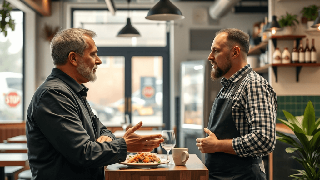 Two men stand conversing in a cafe. One wears a dark shirt; the other is in a checkered shirt and apron. A table with pasta, a glass, and a cup is in the foreground.