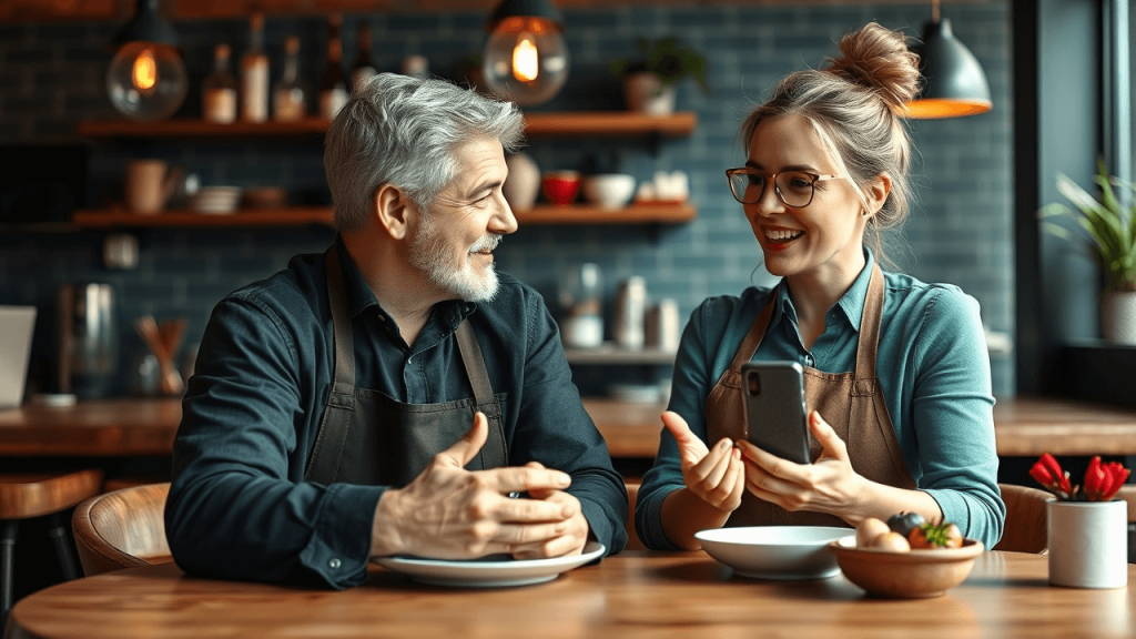 A man and woman wearing aprons sit at a wooden table in a cozy kitchen, smiling and talking. The woman holds a smartphone.