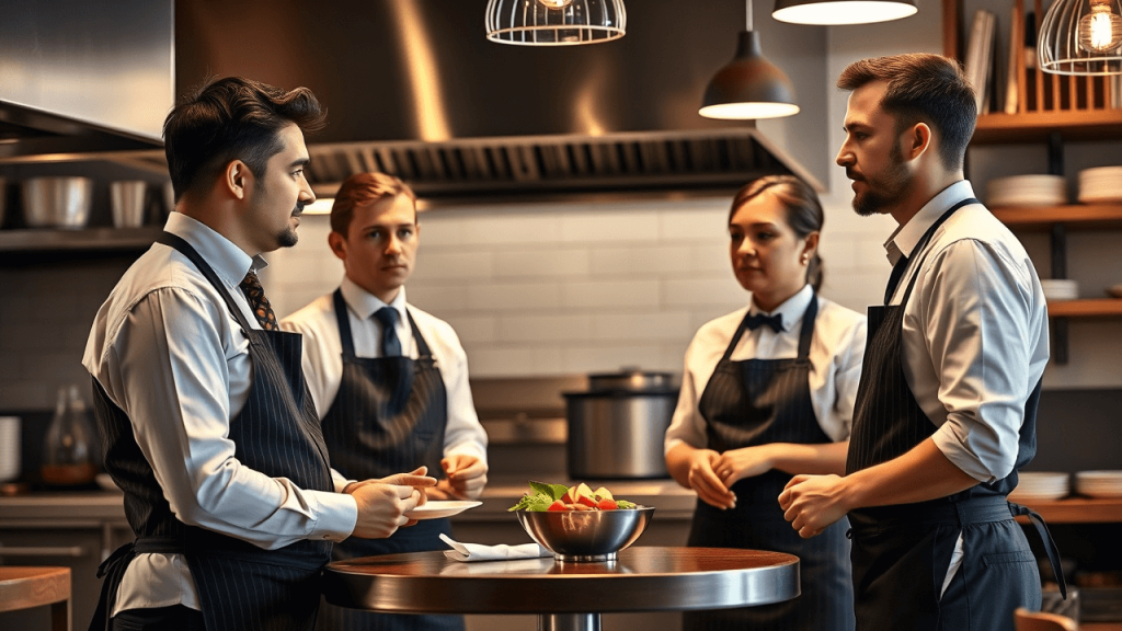 Four chefs in uniforms stand in a kitchen, engaged in conversation around a table with a bowl of salad.