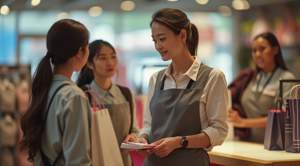 A woman in an apron, embodying the skills of a retail business coach, assists two women with shopping bags in a store, while another person stands in the background.