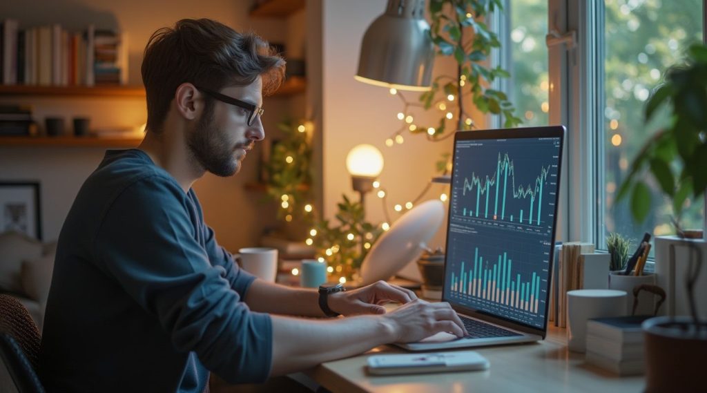 A retail business coach is sitting at a desk, working on a laptop displaying graphs and charts. The room is warmly lit, with books, plants, and decorative lights in the background.