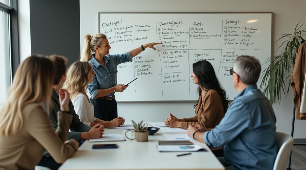 A retail business coach presents to a group seated around a table, pointing to a whiteboard filled with text.