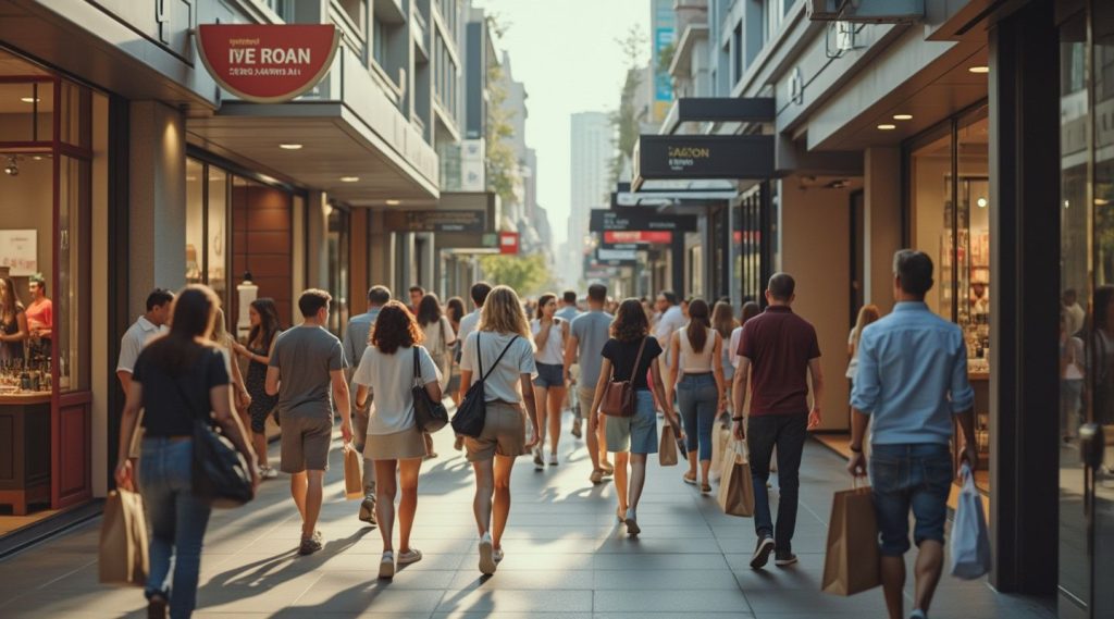 A bustling outdoor shopping street with people walking, carrying shopping bags. Store signs are visible in the background, each a testament to thriving retail businesses—where even a business coach might find inspiration amid the vibrant commerce.