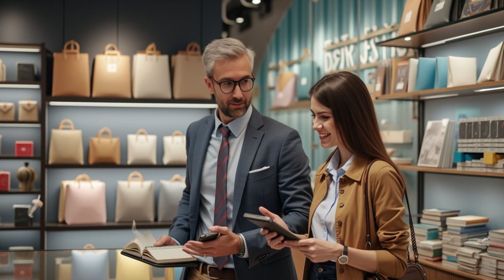 A man in a suit and a woman in casual attire, who happens to be a retail business coach, browse books in a store where shelves brim with both bags and books.