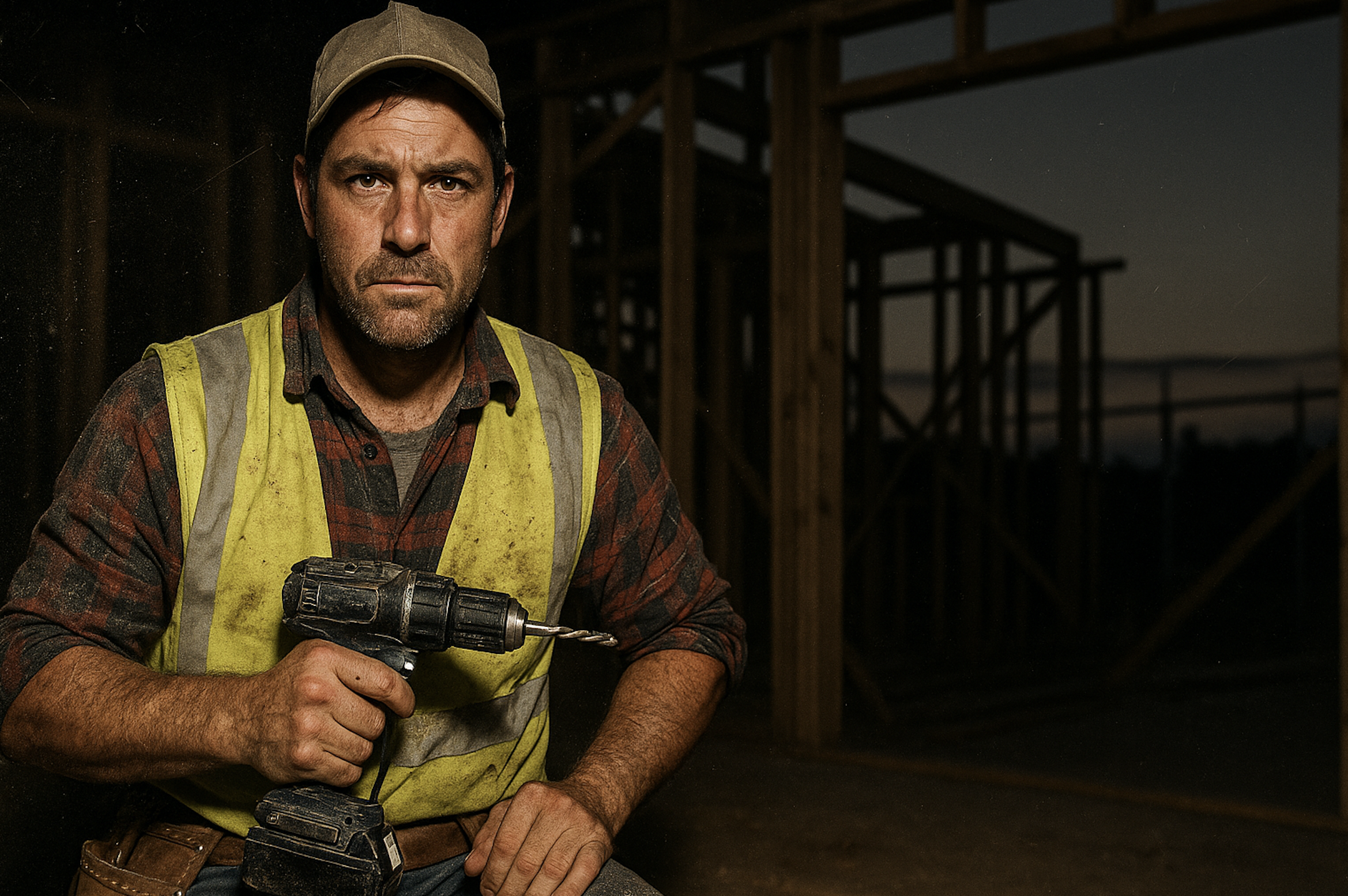 A construction worker in a yellow safety vest and plaid shirt holds a power drill at a building site with wooden framing in the background.