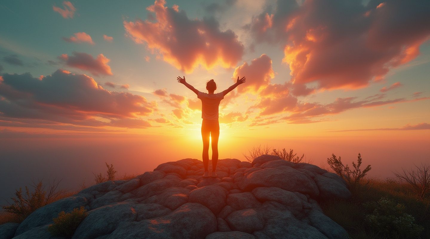 Person standing on rocky cliff with arms raised, embracing a colorful sunset with clouds in the sky, finding a deep sense of self-worth in the vastness around them.