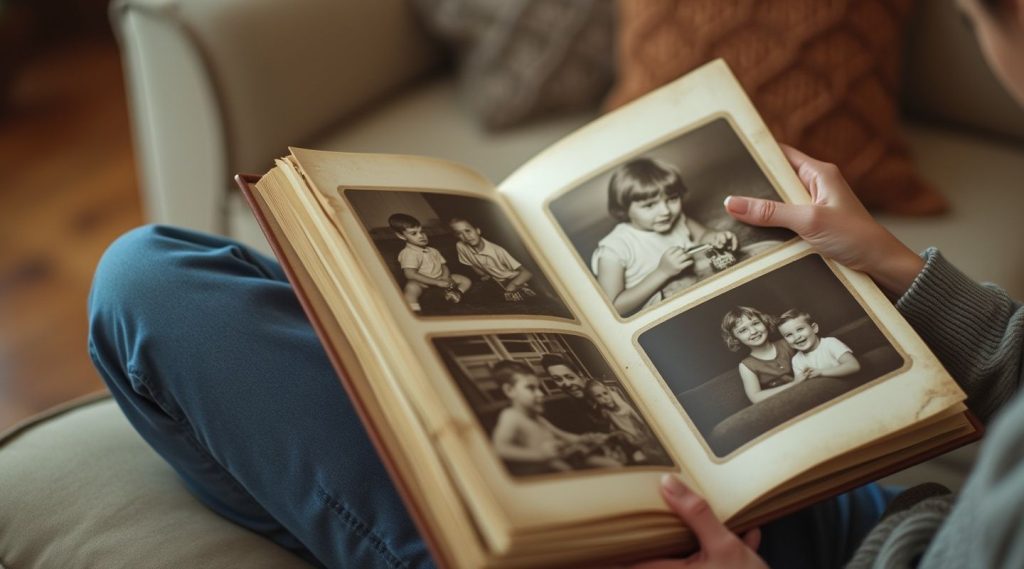 A person reflecting on self-worth holds a photo album with sepia-toned family pictures, seated thoughtfully on a sofa.