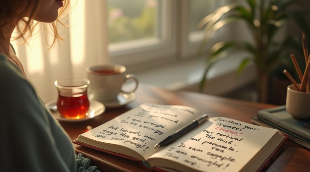 A person sits at a table with an open notebook filled with handwritten affirmations about self-worth, a cup of tea beside them, near a window bathed in soft daylight.