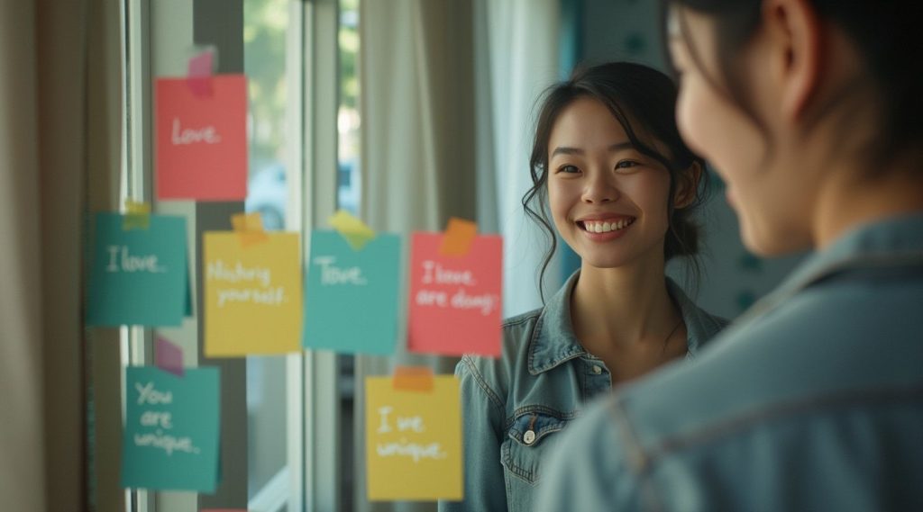 A woman smiles at colorful sticky notes with positive affirmations that reinforce her self-worth on a window.