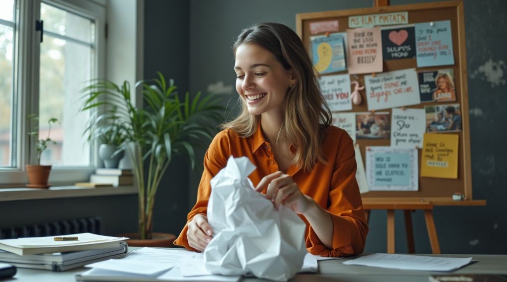 A woman in an orange shirt smiles with self-worth while crumpling paper at a desk filled with books and a laptop. A bulletin board adorned with notes stands proudly in the background.