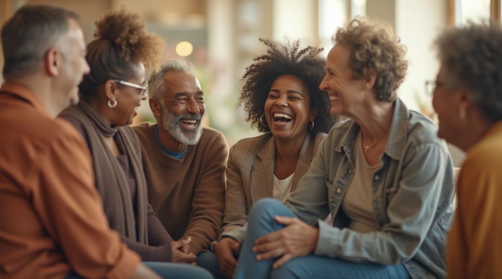 A group of six people sits together, their conversation filled with laughter and stories that foster a sense of self-worth, all in the comfort of a warmly lit indoor setting.