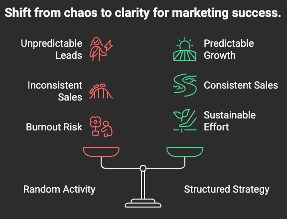 A balanced scale contrasts chaotic marketing elements on the left with organized marketing benefits on the right, highlighting a shift from chaos to clarity.