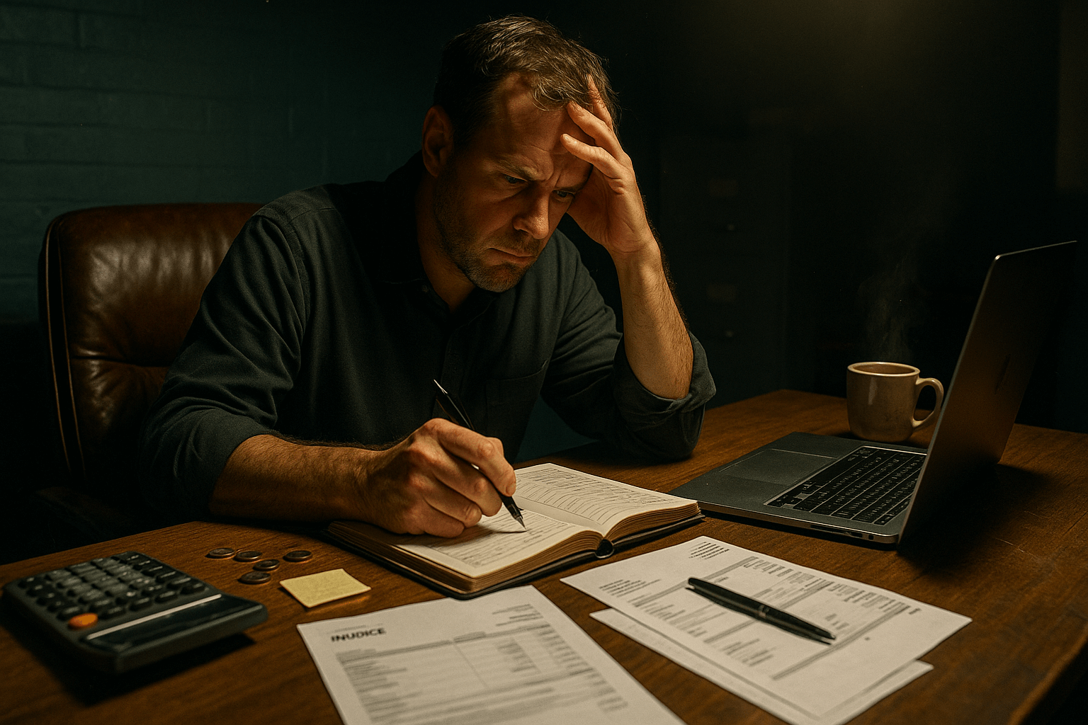 A man sits at a desk, looking stressed while writing in a notebook. In front of him are a laptop, calculator, coins, documents, and coffee—struggling to manage his small business cash flow.