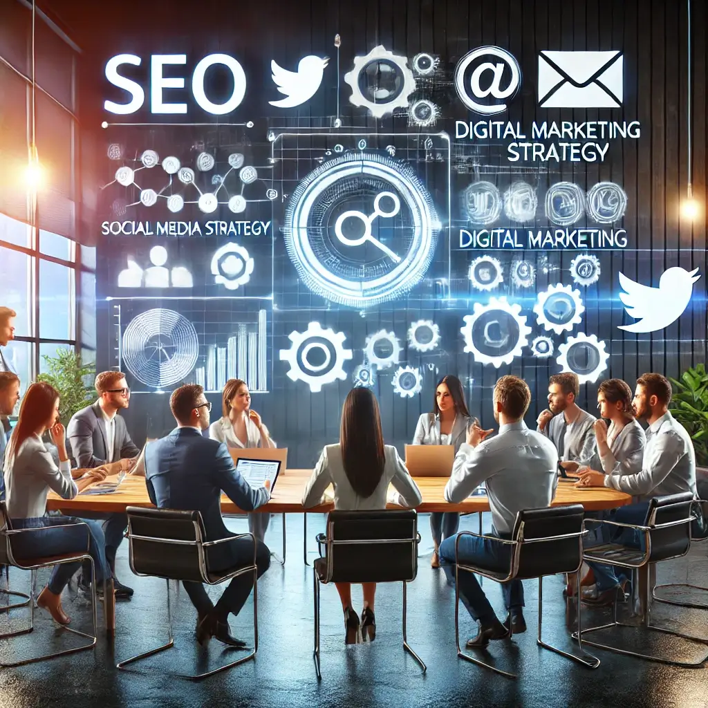 A group of professionals in a boardroom meeting discuss digital marketing strategies, with graphics displaying "SEO," "Digital Marketing," and social media icons on a screen.