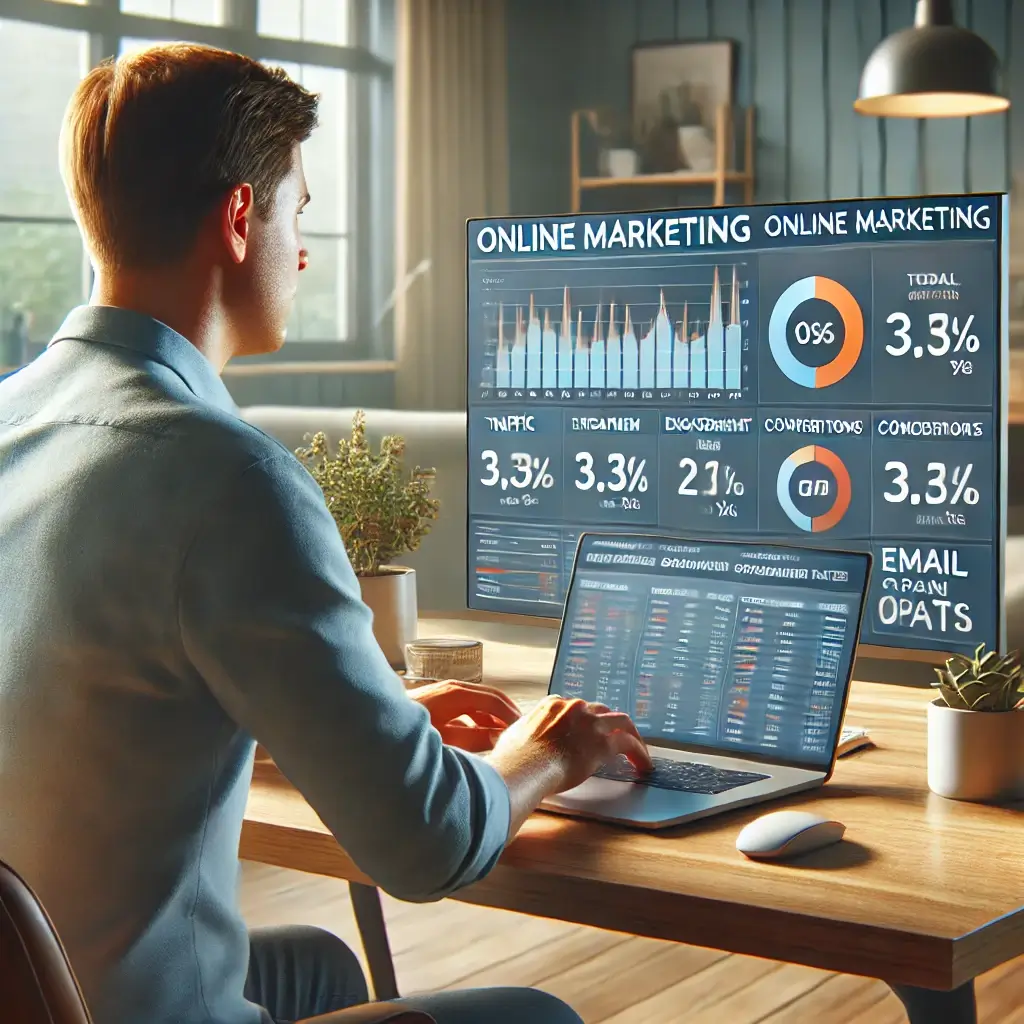 A person works on a laptop at a desk, viewing a screen displaying online marketing analytics, with charts and metrics like traffic and conversion rates. Sunlight streams in through a window.