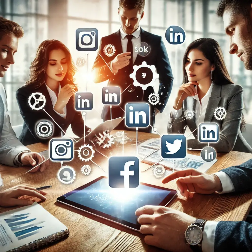 Five professionals sit around a table with a tablet displaying social media icons such as Facebook, LinkedIn, and Twitter, symbolizing a digital networking concept.