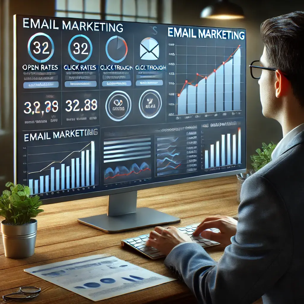 A person in glasses analyzes email marketing data on a computer screen displaying charts and metrics.
