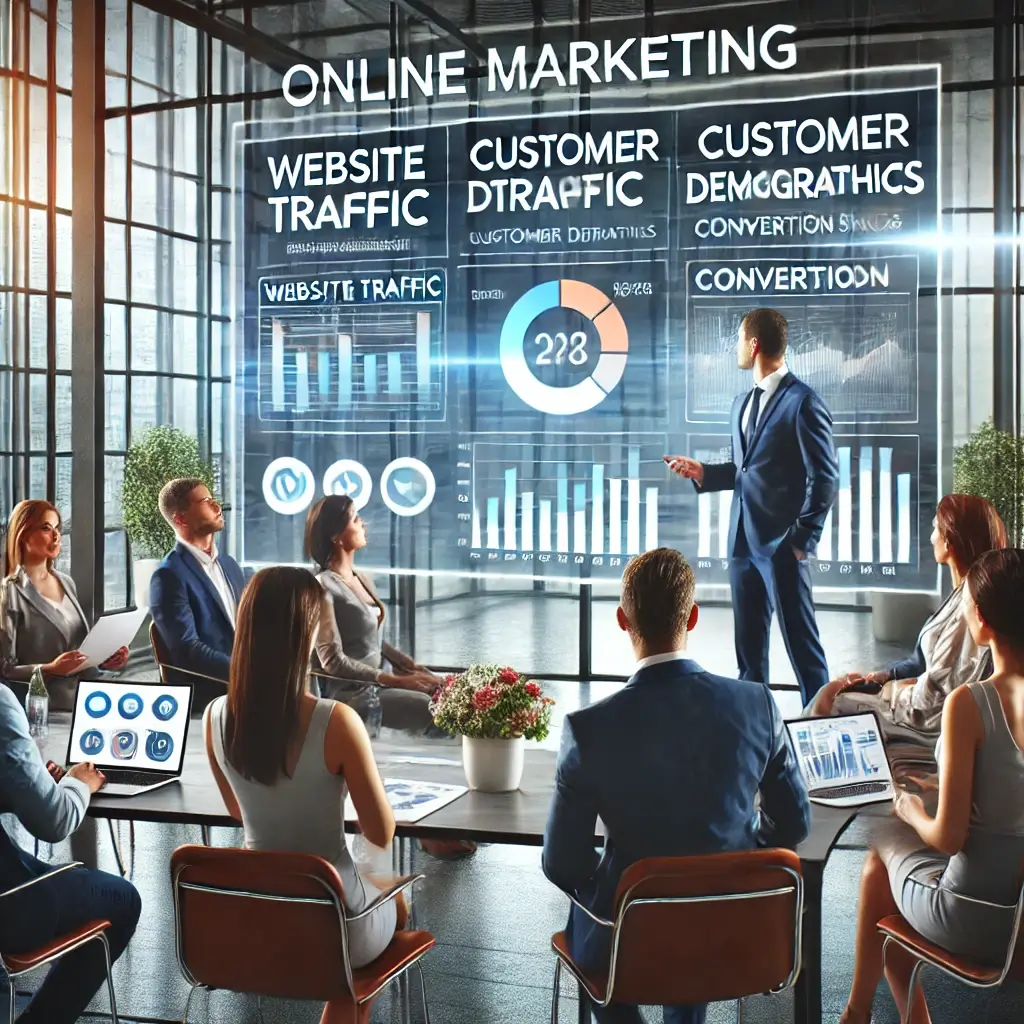 A team in a modern office is engaged in an online marketing presentation. A man points to a projected screen displaying charts and data on website traffic, customer demographics, and conversion rates.