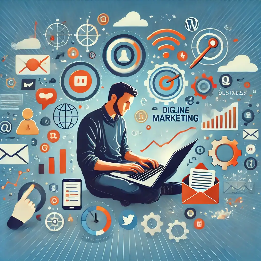 A man sits with a laptop surrounded by digital marketing icons, including graphs, social media symbols, and gears, illustrating online marketing concepts.