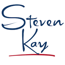 The image shows the name "Steven Kay" written in blue cursive text with a red underline beneath "Kay" on a white background, referencing his role as a renowned plumbing business coach Perth professionals trust.
