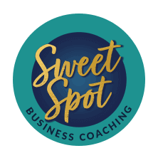 A circular logo with "Sweet Spot" in gold script and "Business Coaching" in black capital letters on a teal border.