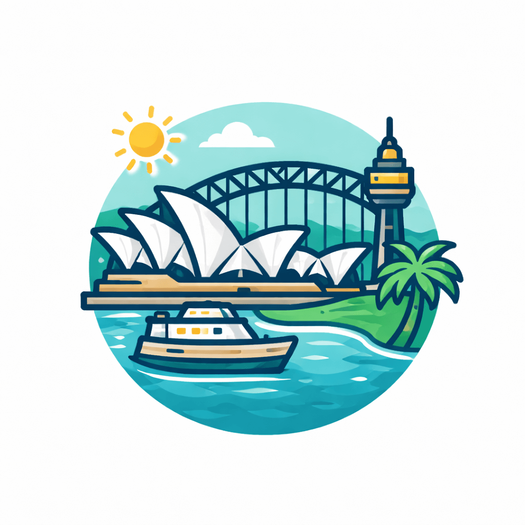 Illustration of Sydney landmarks including the Opera House, Sydney Harbour Bridge, a tower, a boat on the water, palm trees, and a bright sun in the sky.