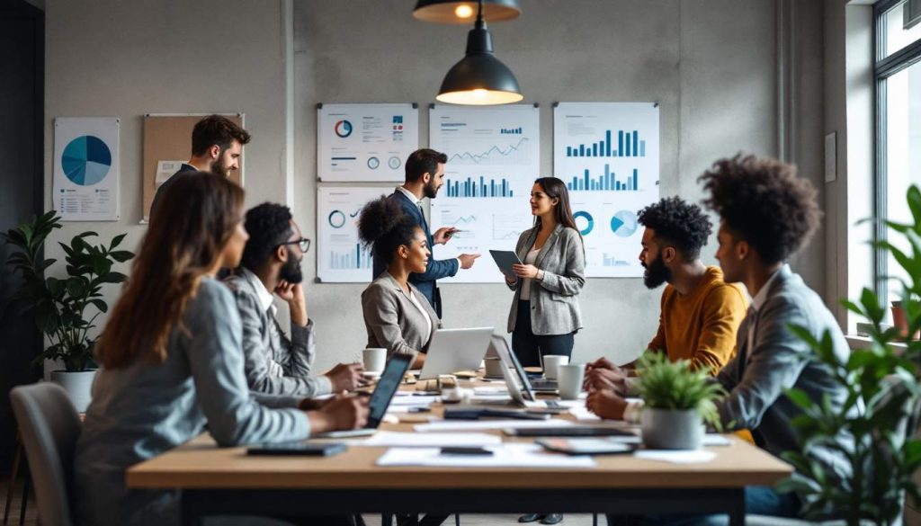 A diverse team in a meeting room discussing scalable business systems, with charts on the wall and laptops on the table.