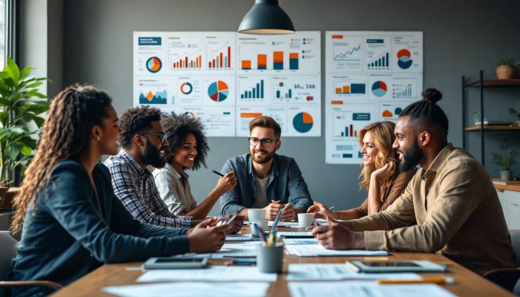A group of colleagues sitting at a table in an office, discussing documents and graphs displayed on the wall.