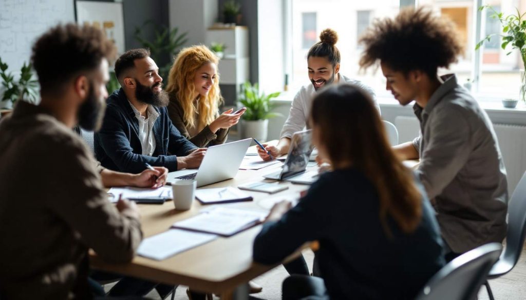 A diverse group of people sitting around a table with laptops and papers, engaged in a lively discussion in a bright office.