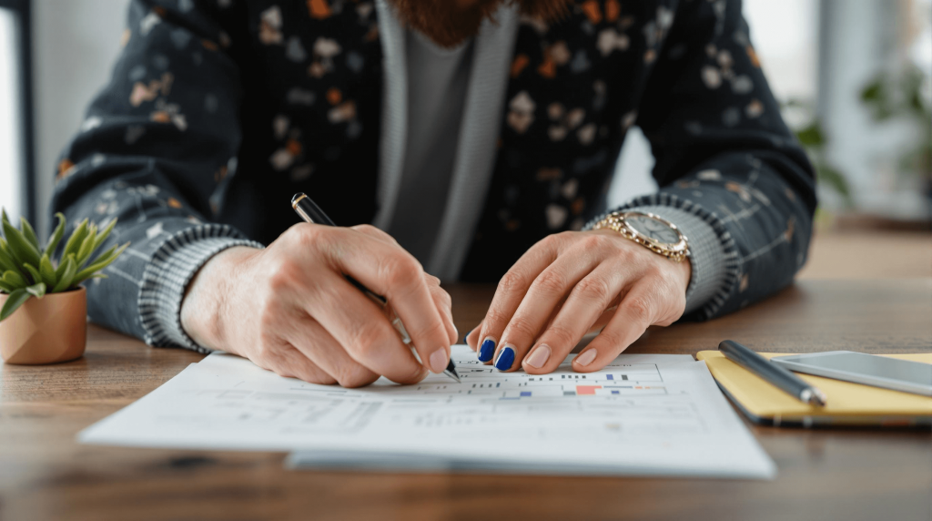 Person writing on a document at a desk, with a pen in hand. A plant, notebook, and phone are visible nearby.