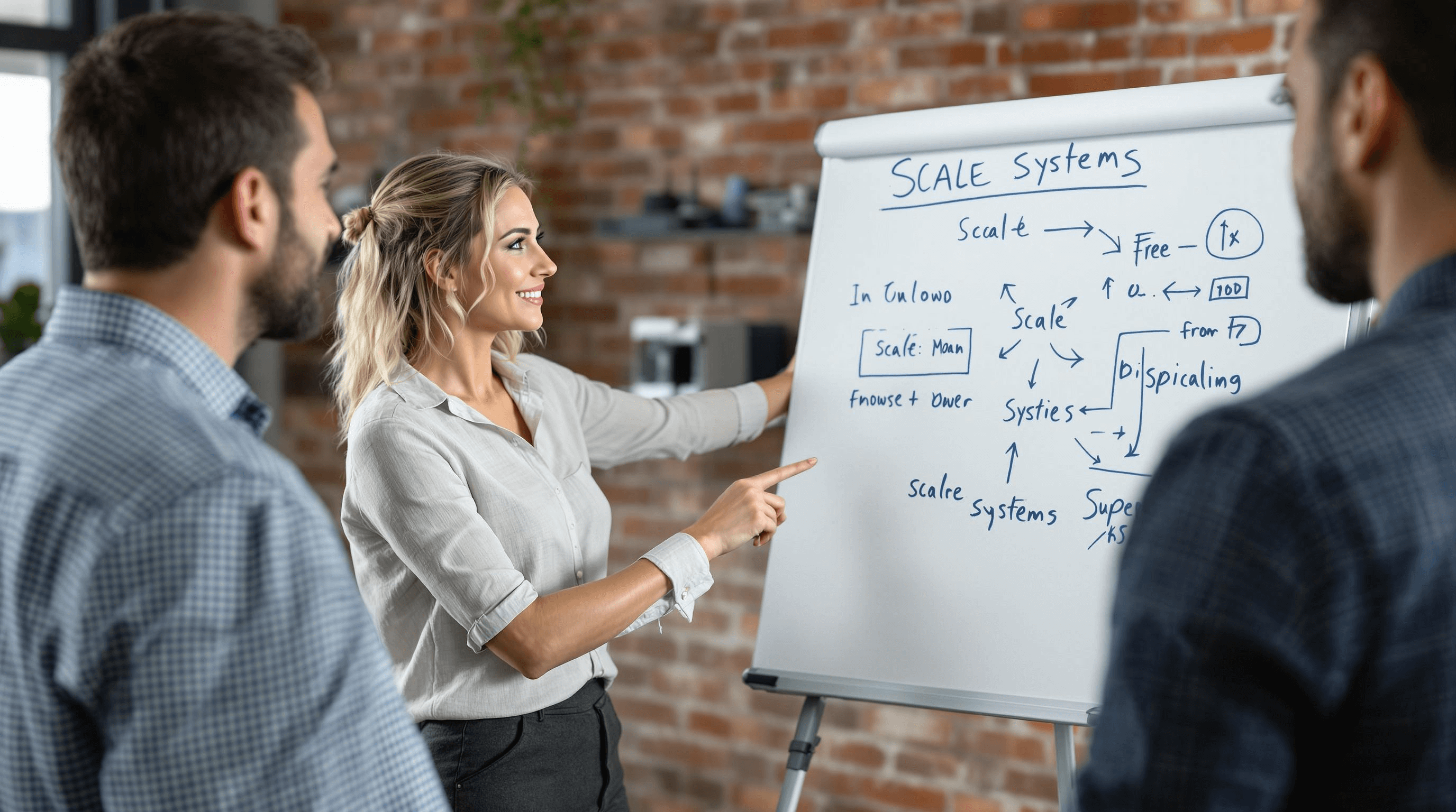 Woman presenting a diagram on a flip chart to two men in a modern office setting.