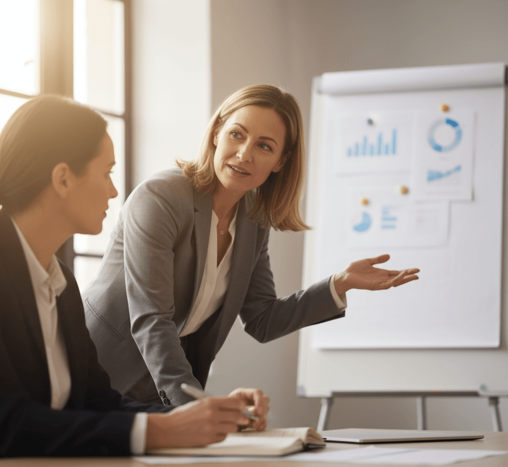 Two women in business attire discuss in an office. One gestures toward a flip chart with charts and graphs, while the other takes notes. Daylight comes through the window.